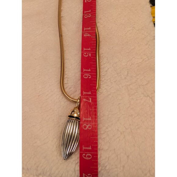 Rare Monet Snake Chain Necklace W/ Silver-Toned Ribbed Pendant & Rhinestones 34" - Picture 8 of 9